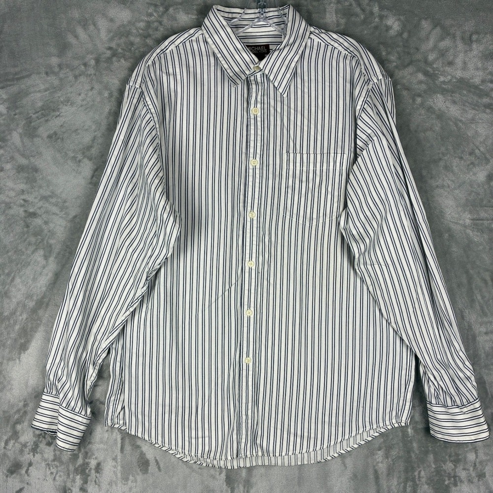 Michael‎ Kors Mens Large Striped Button Down Shirt White Navy Blue 100% Cotton L